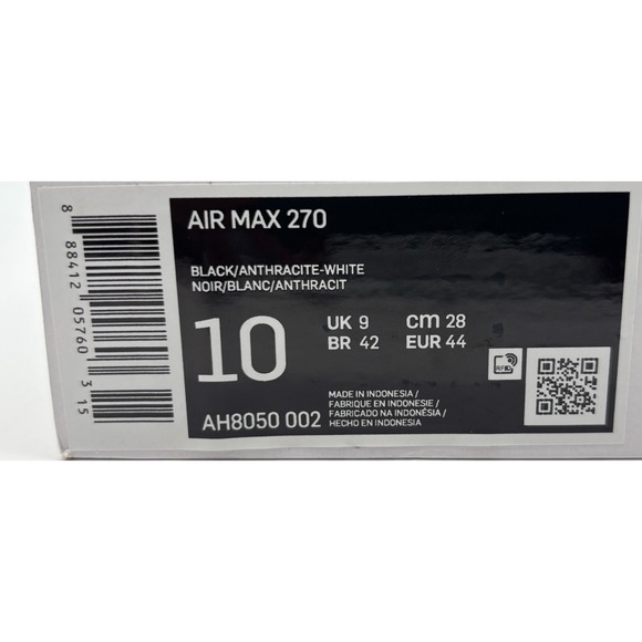 Nike Air Max 270 Black White Size 10 AH8050 002